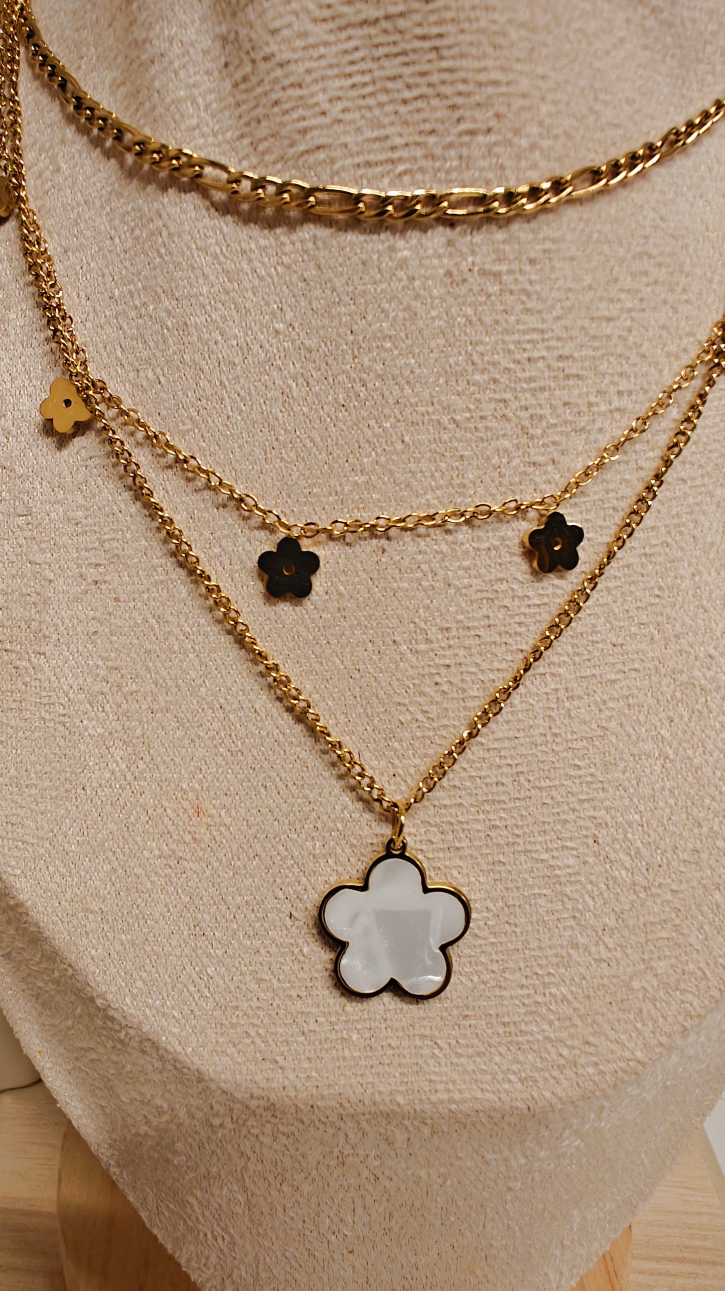 Triple Layer 18k Gold Plated Stainless Steel Necklace With Mother of Pearl