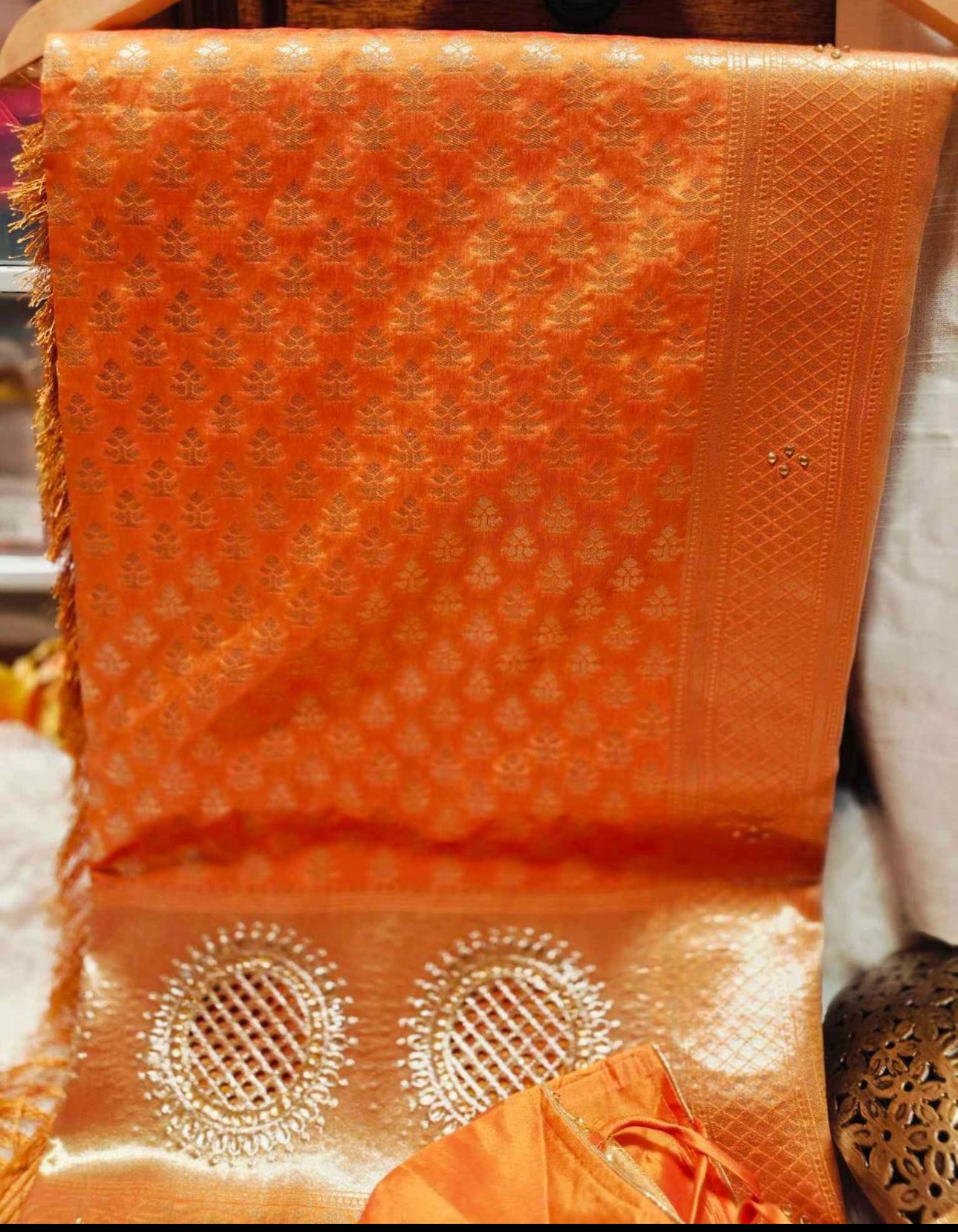 Banarasi zari and stone work Saree with stitched blouse