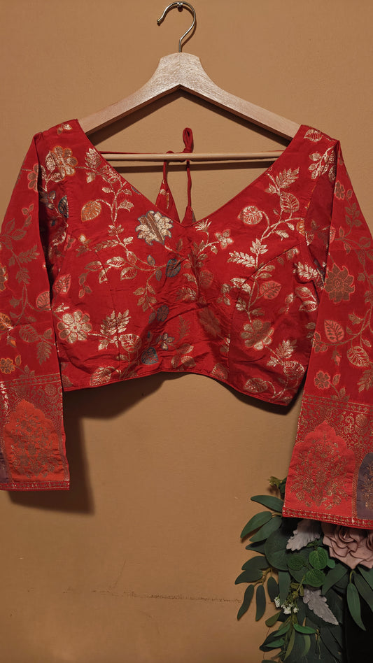 Red Floral Print Dola Silk Ready-to-Wear Blouse