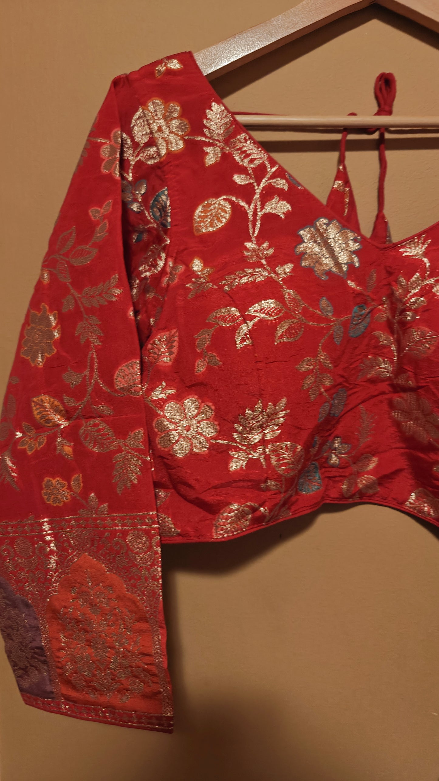 Red Floral Print Dola Silk Ready-to-Wear Blouse