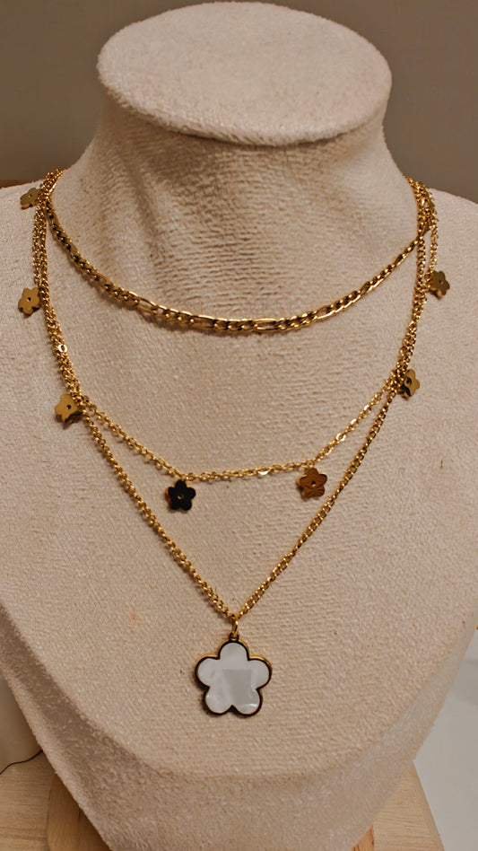 Triple Layer 18k Gold Plated Stainless Steel Necklace With Mother of Pearl